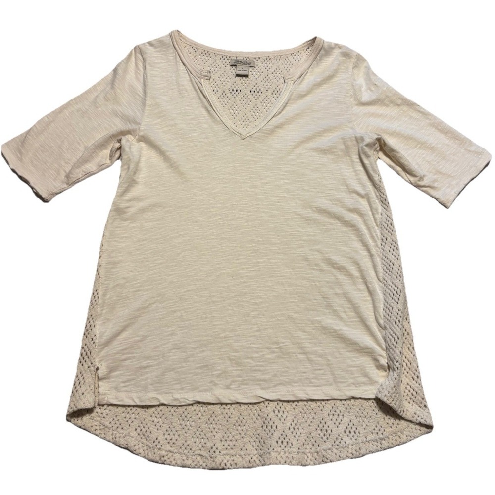 Lucky Brand Crochet Back V-Neck Swing T-Shirt Off White Oatmeal Women's Sz Large
